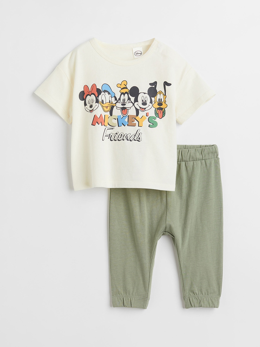

H&M Boys Green & Cream-Coloured Printed Cotton T-shirt & Trousers
