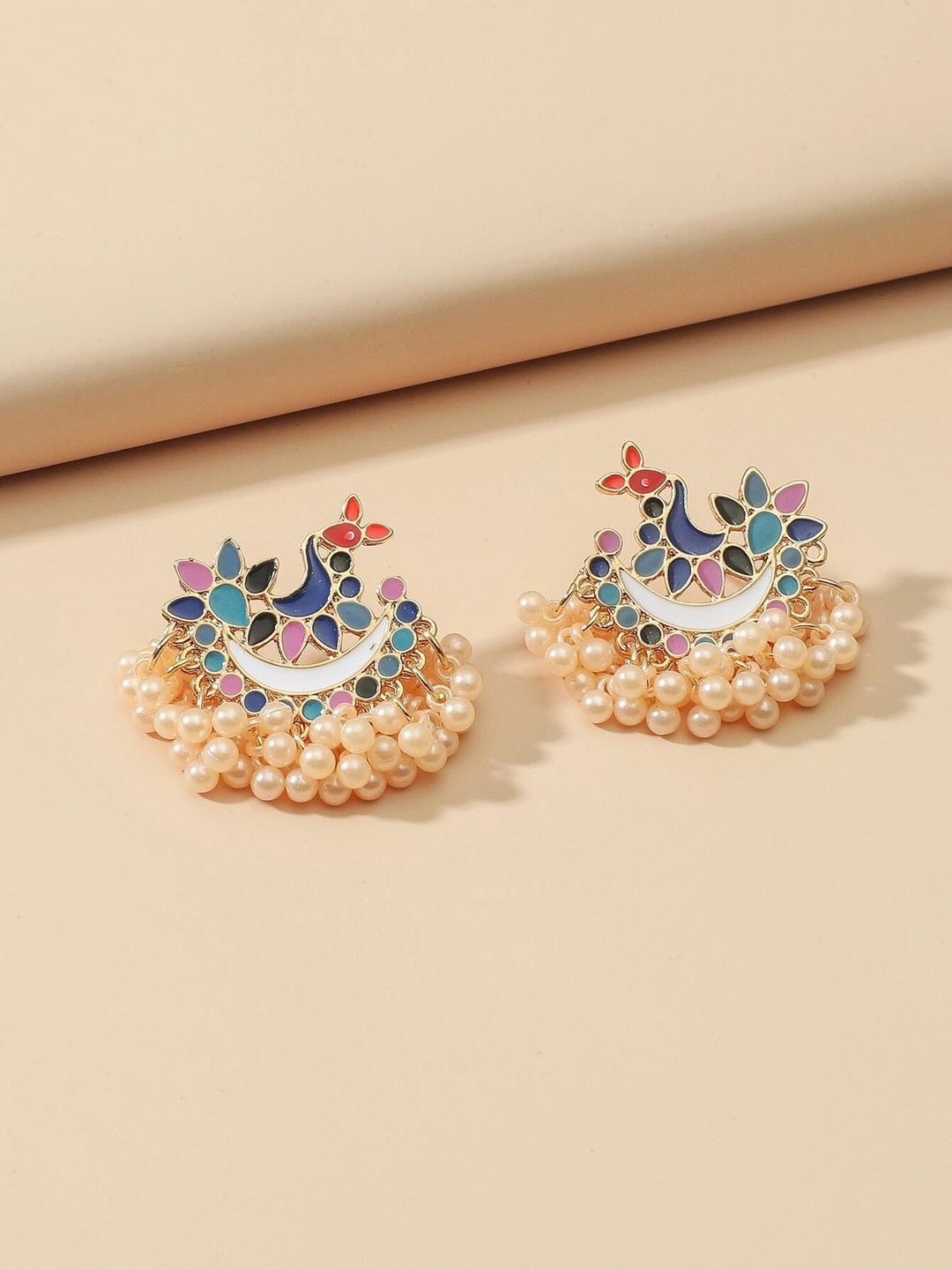

OOMPH Gold-Toned & Red Meenakari Peacock Shaped Drop Earrings