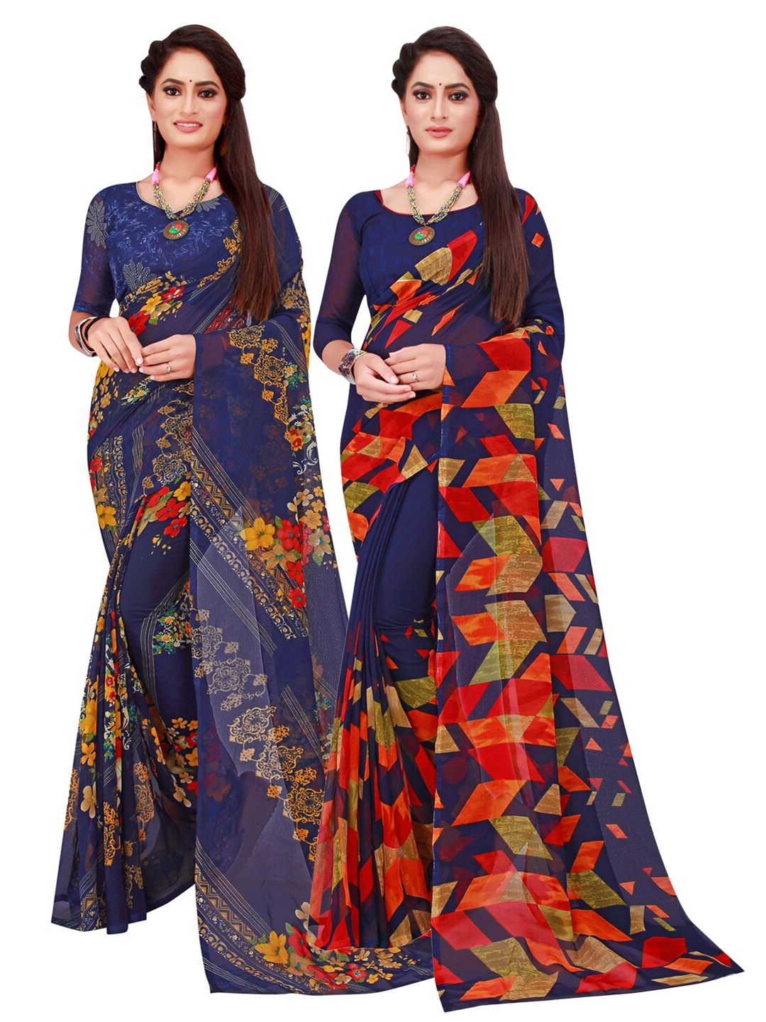 

KALINI Blue & Red Floral Pure Georgette Saree