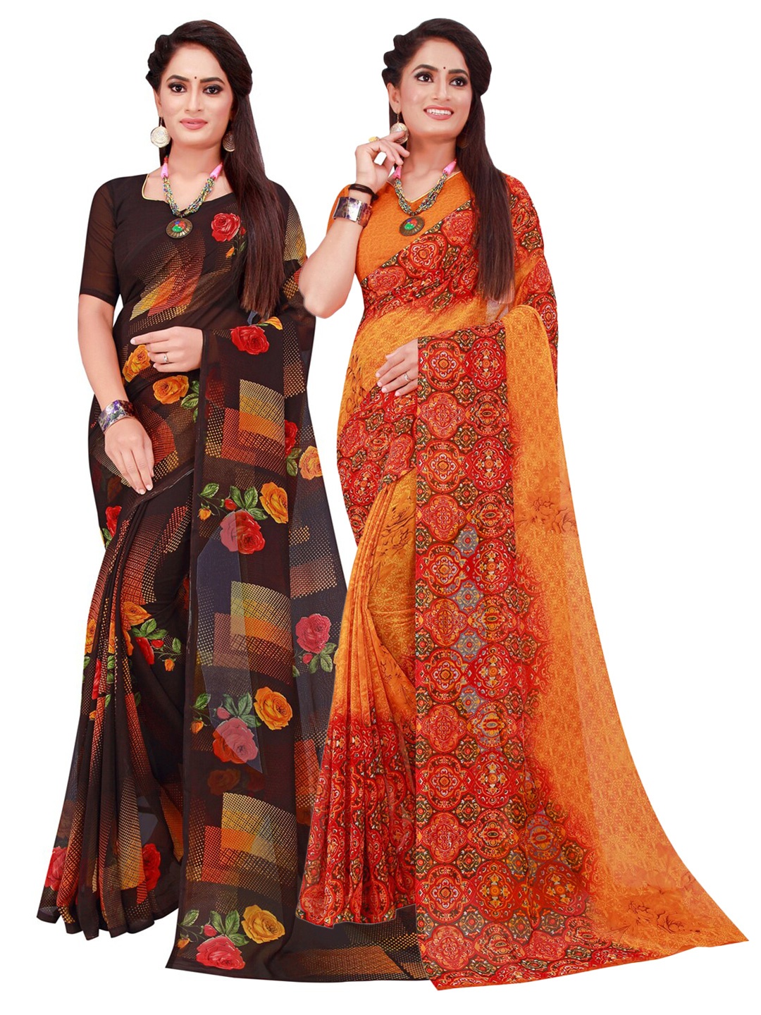 

KALINI Orange & Brown Floral Pure Georgette Saree