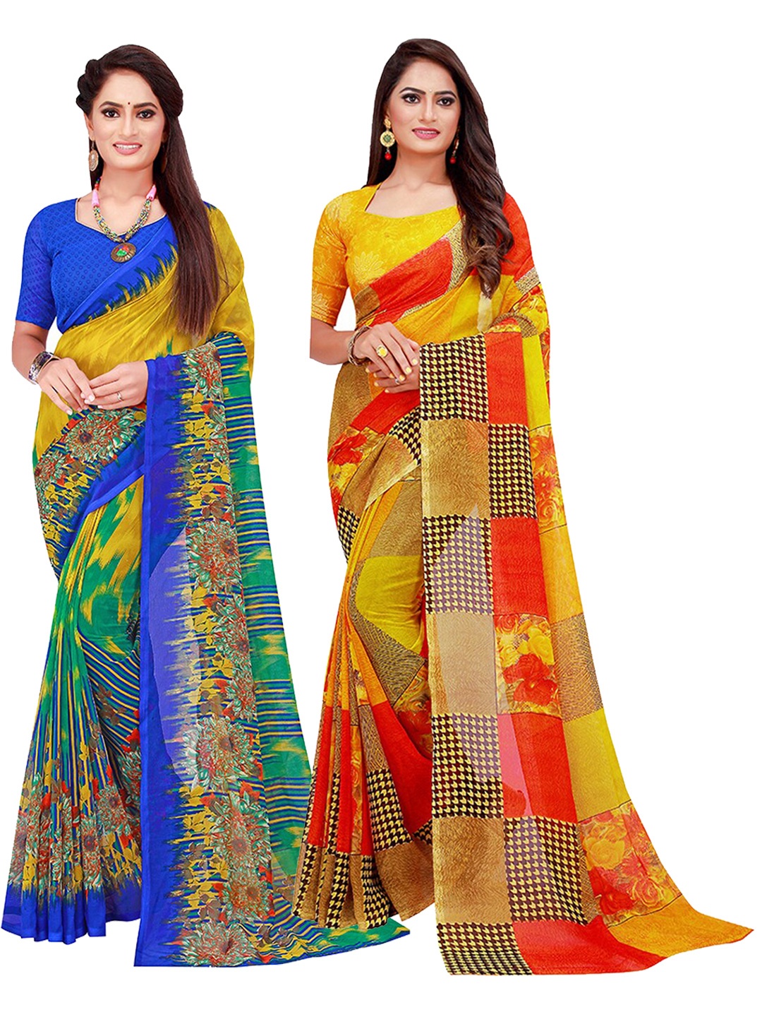 

KALINI Pack Of 2 Blue & Yellow Pure Georgette Saree