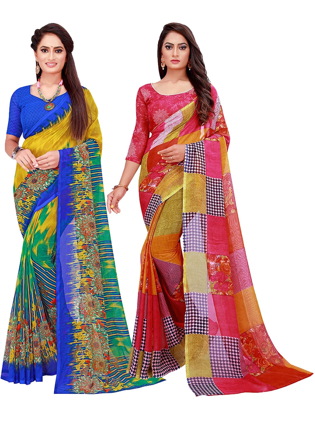 

KALINI Pack of 2 Floral Pure Georgette Sarees, Red
