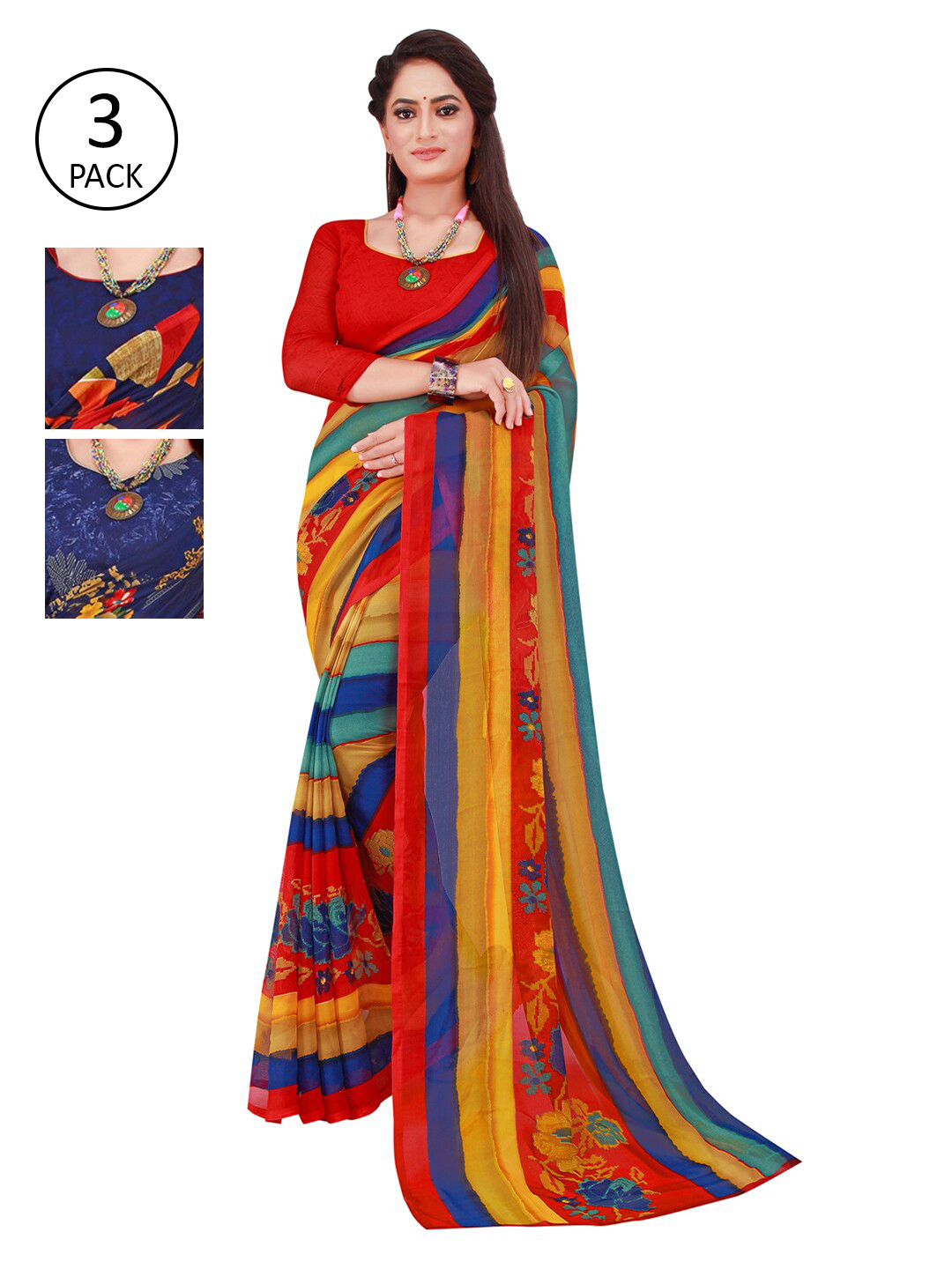 

KALINI Set of 3 Pure Georgette Saree, Navy blue