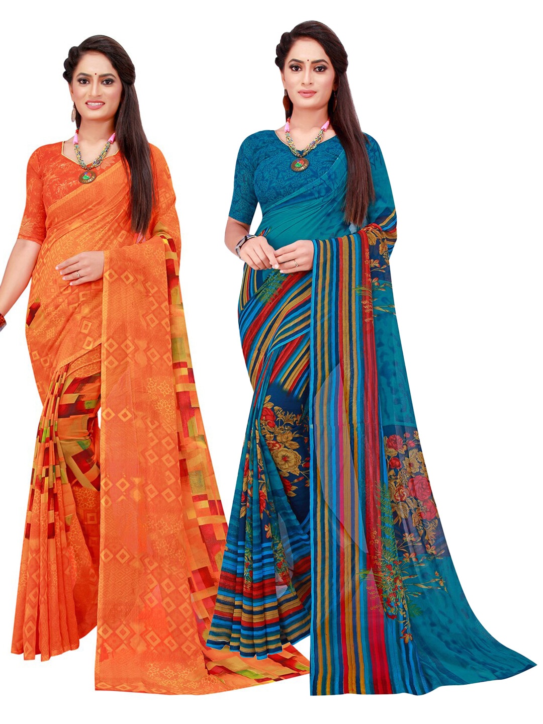 

KALINI Blue & Orange Printed Pure Georgette Saree Pack Of 2