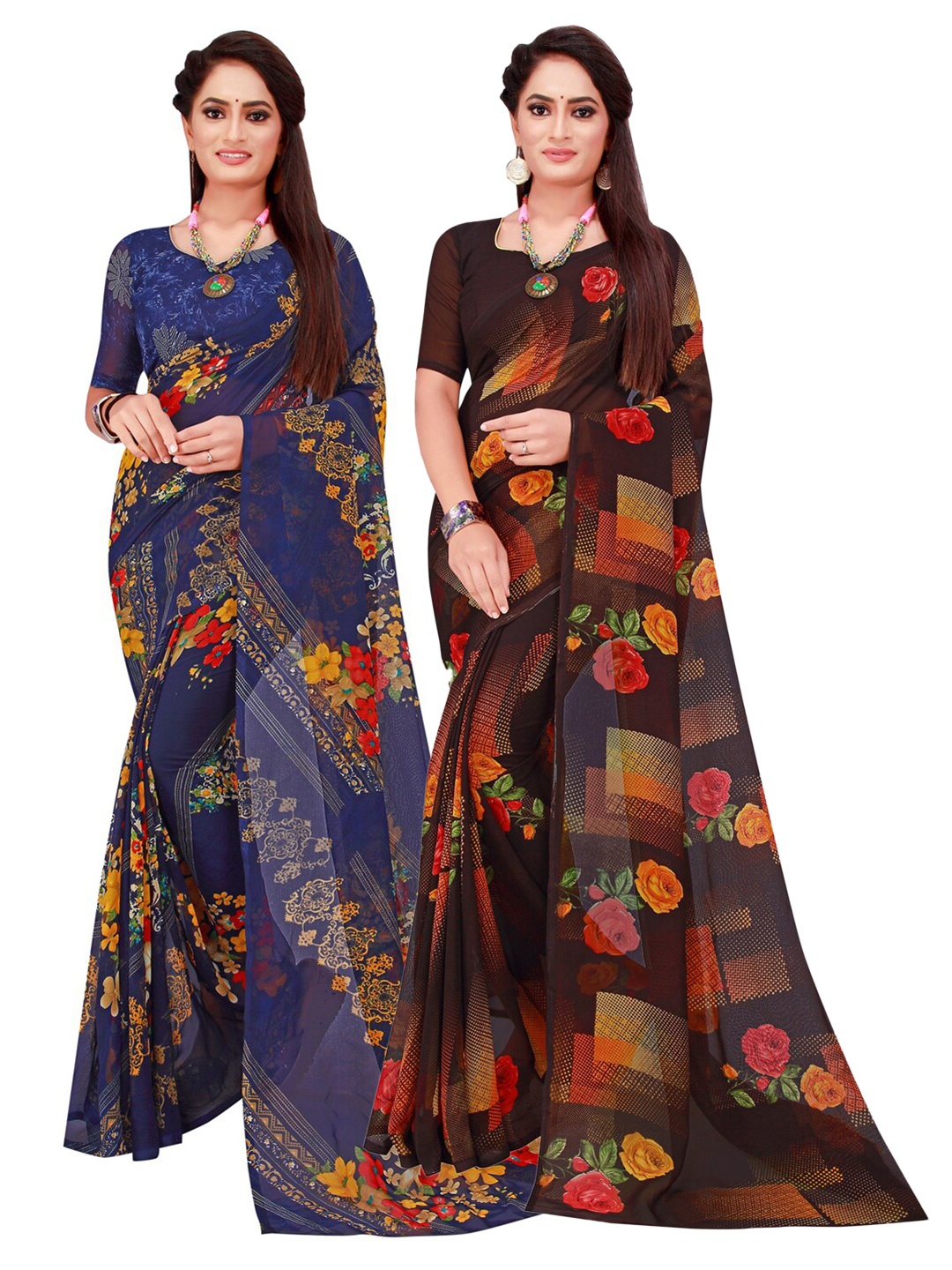 

KALINI Pack Of 2 Navy Blue & Brown Pure Georgette Saree