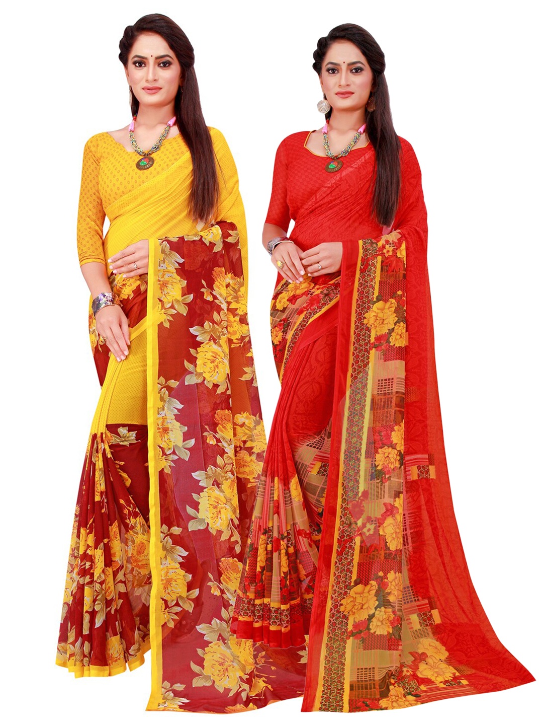 

KALINI Pack of 2 Floral Pure Georgette Sarees, Red