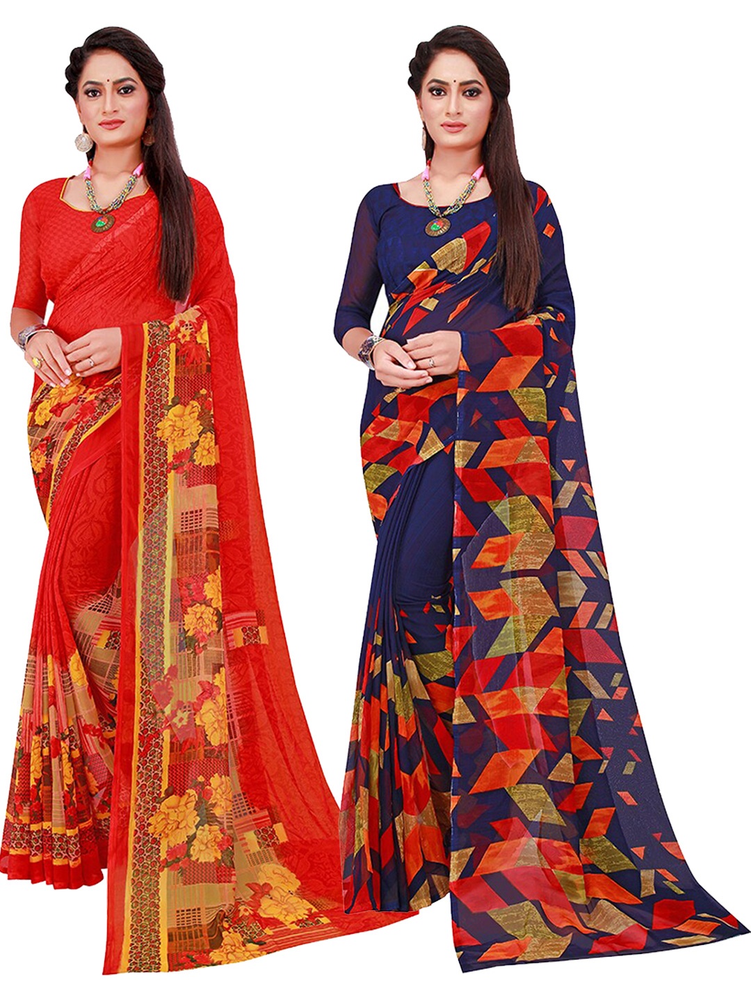 

KALINI Navy Blue & Red Pure Georgette Saree