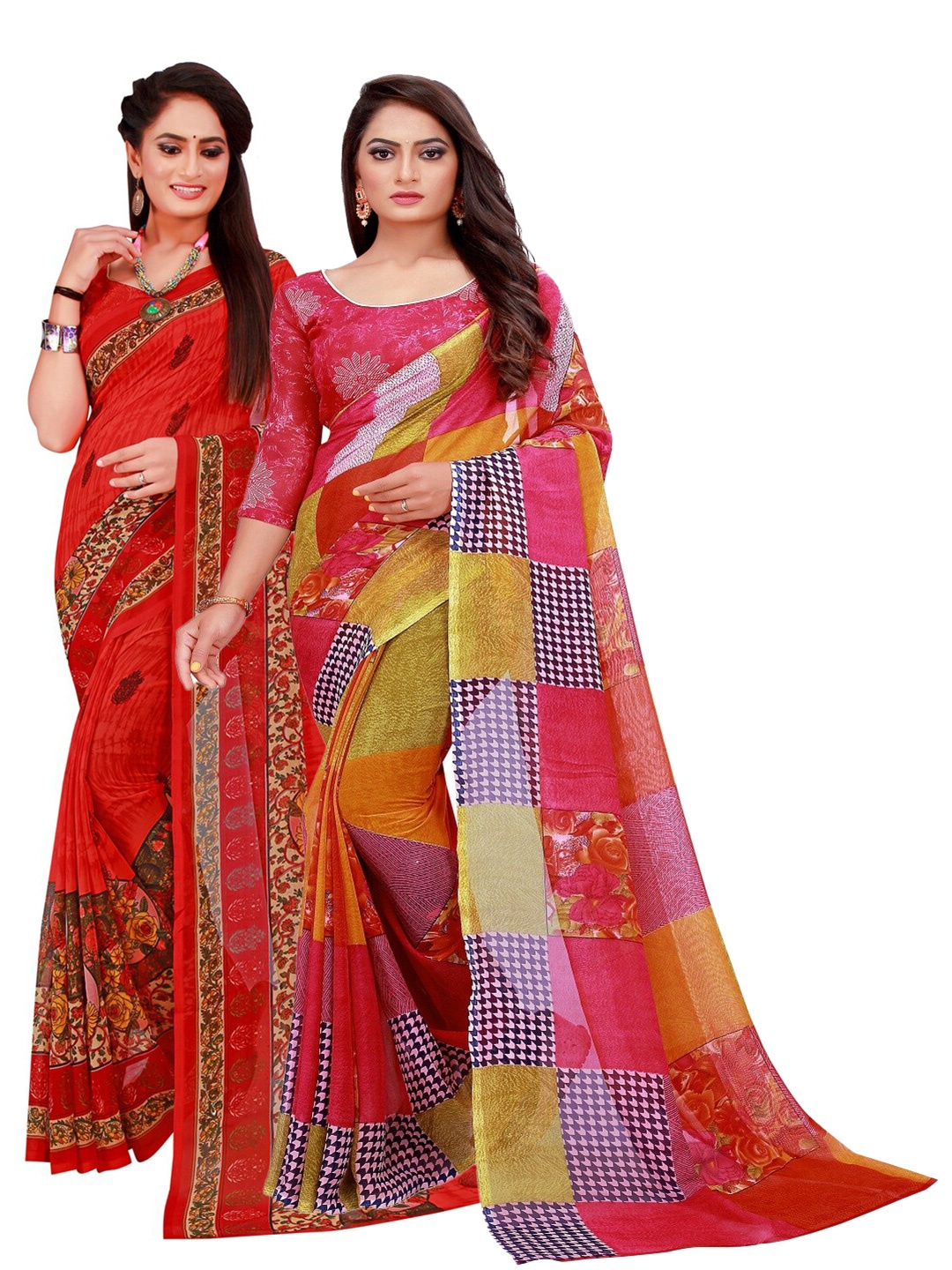 

KALINI Set Of 2 Red & Yellow Floral Pure Georgette Saree