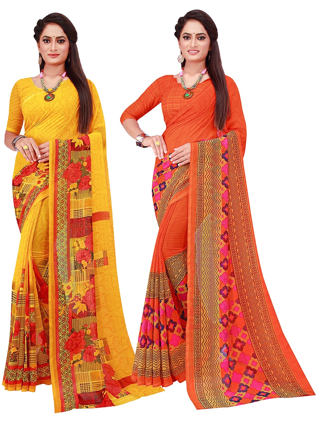 

KALINI Yellow & Orange Pure Georgette Saree