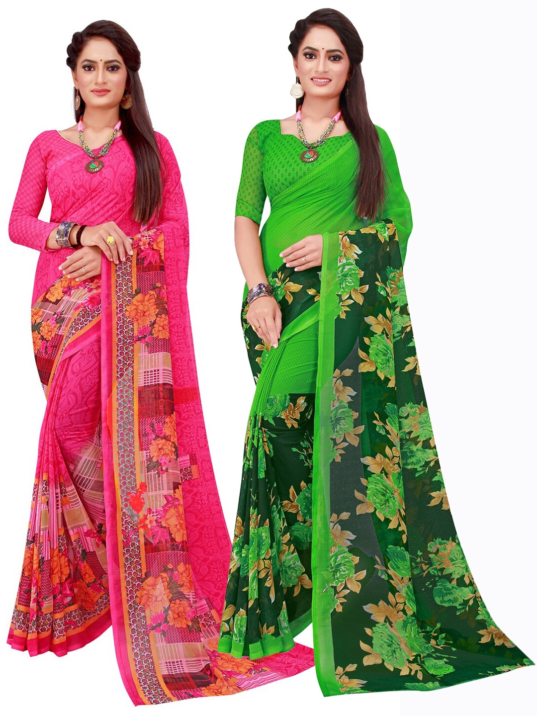 

KALINI Pink & Green Floral Pure Georgette Saree Pack Of 2