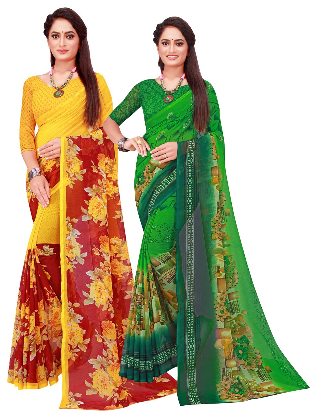 

KALINI Green & Yellow Floral Pure Georgette Saree