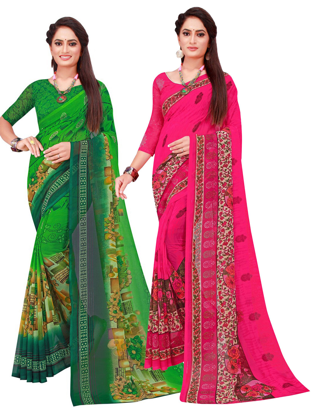 

KALINI Green & Pink Floral Pure Georgette Saree
