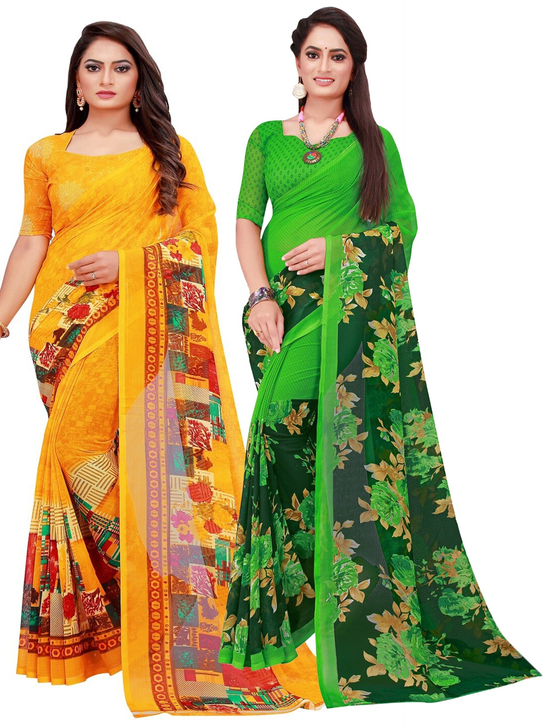 

KALINI Green & Yellow Floral Pure Georgette Saree Pack of 2