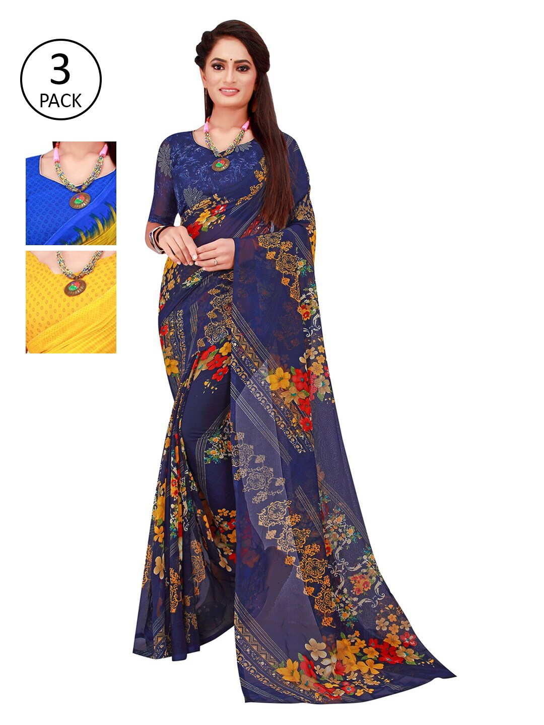 

KALINI Yellow & Navy Blue Set Of 3 Floral Printed Pure Georgette Saree