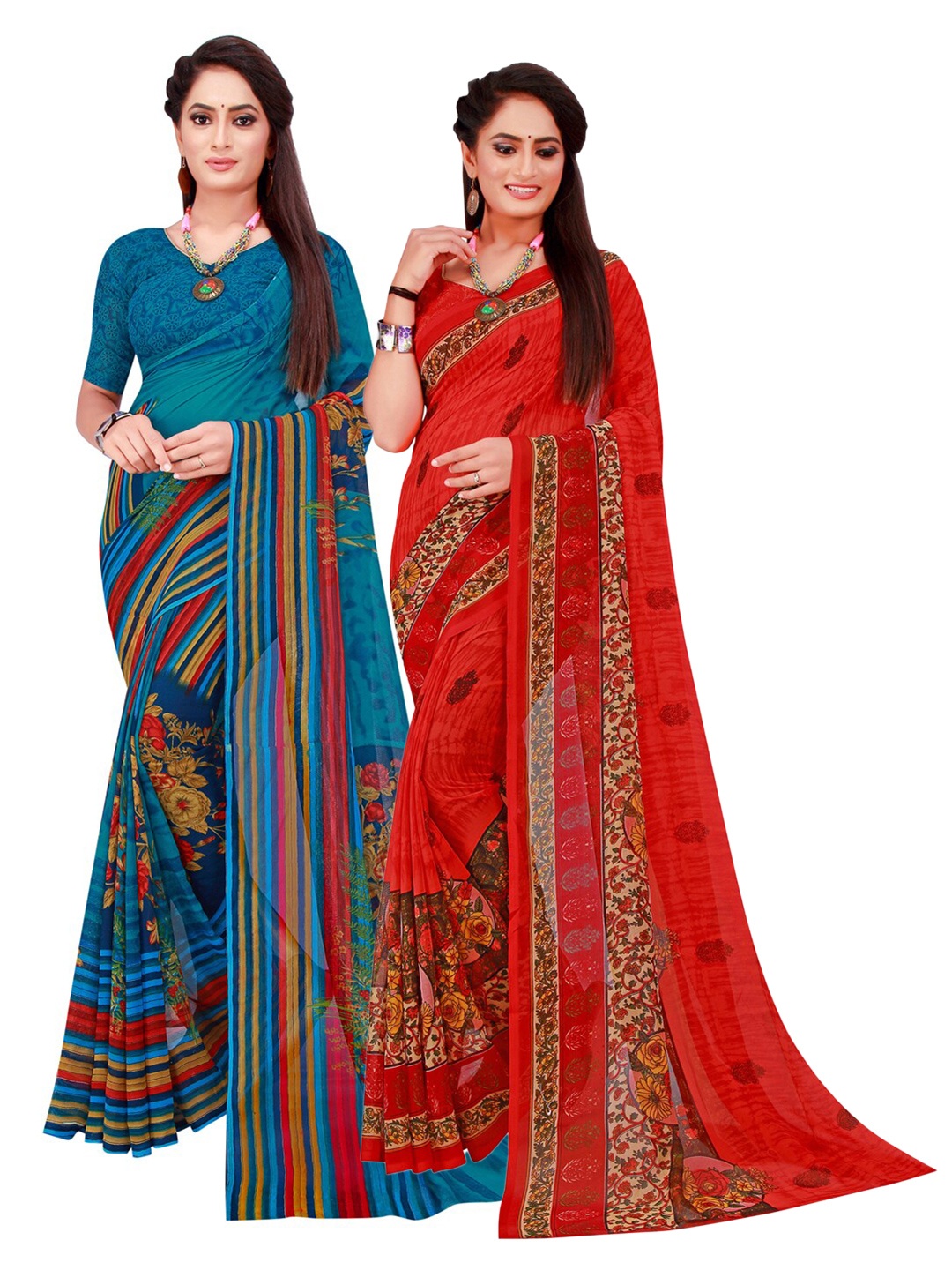 

KALINI Red & Blue Floral Pure Georgette Saree