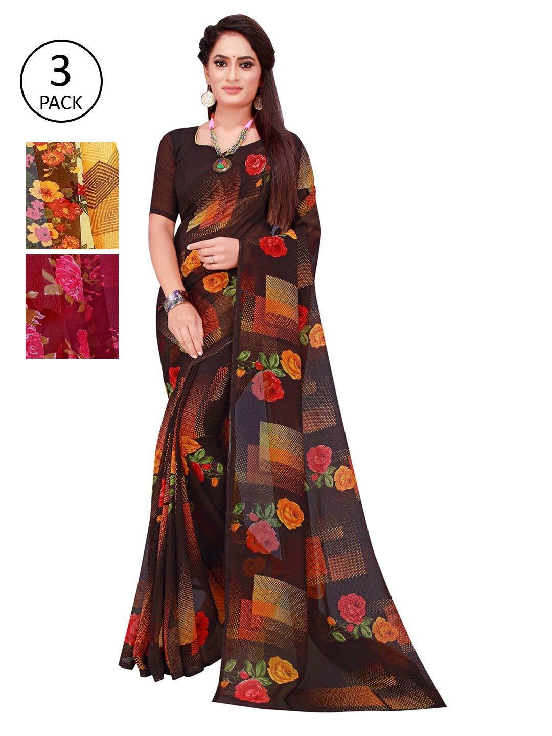 

KALINI Set of 3 Pure Georgette Saree, Red