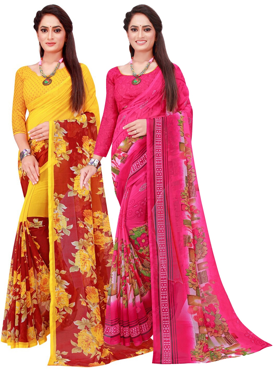 

KALINI Yellow & Pink Floral Pure Georgette Saree