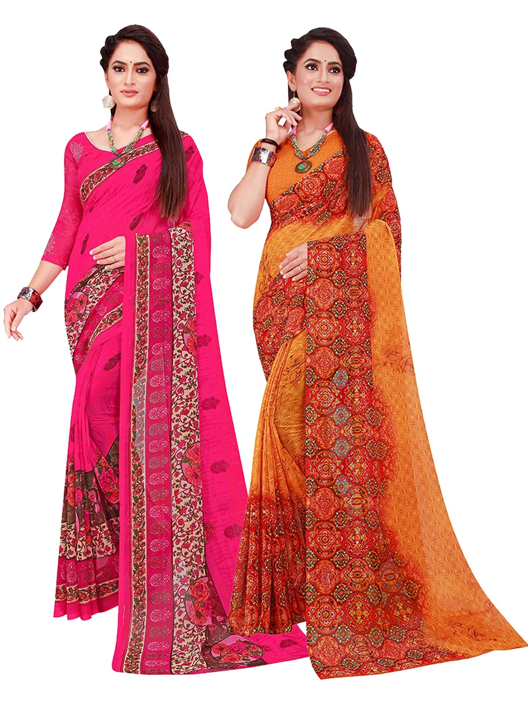 

KALINI Pink & Orange Ethnic Motifs Pure Georgette Saree