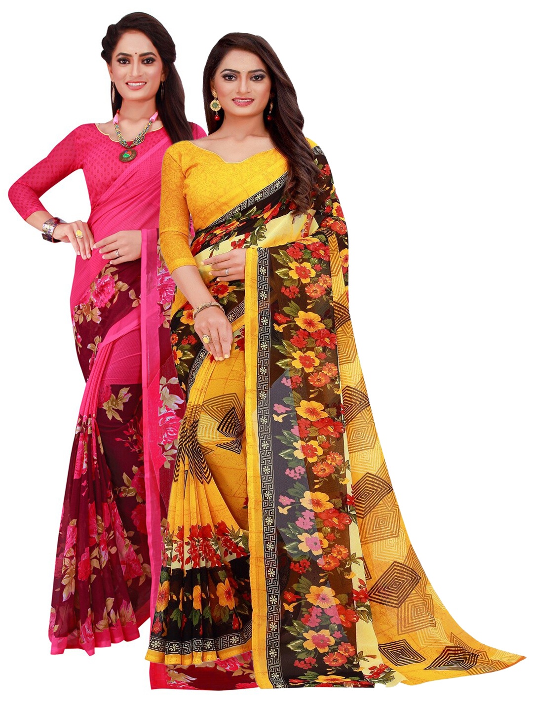 

KALINI Red & Yellow Floral Pure Georgette Saree