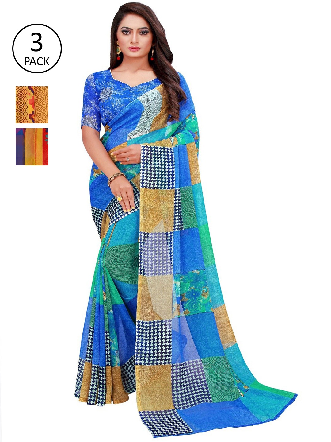 

KALINI Set of 3 Pure Georgette Saree, Blue