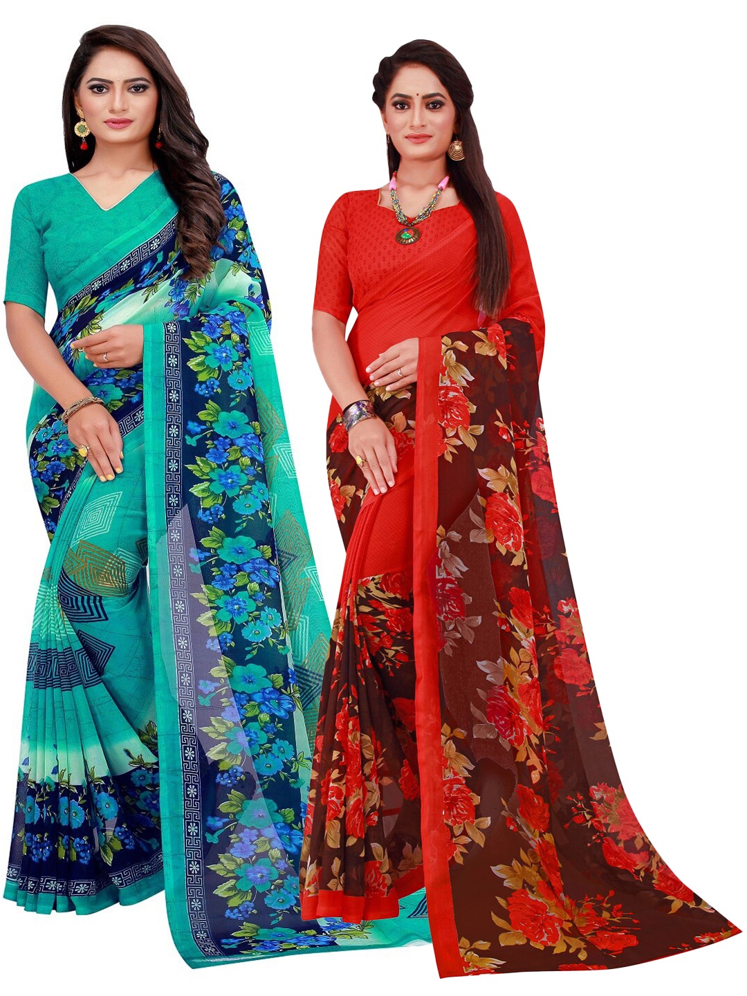 

KALINI Red & Turquoise Blue Floral Pure Georgette Saree