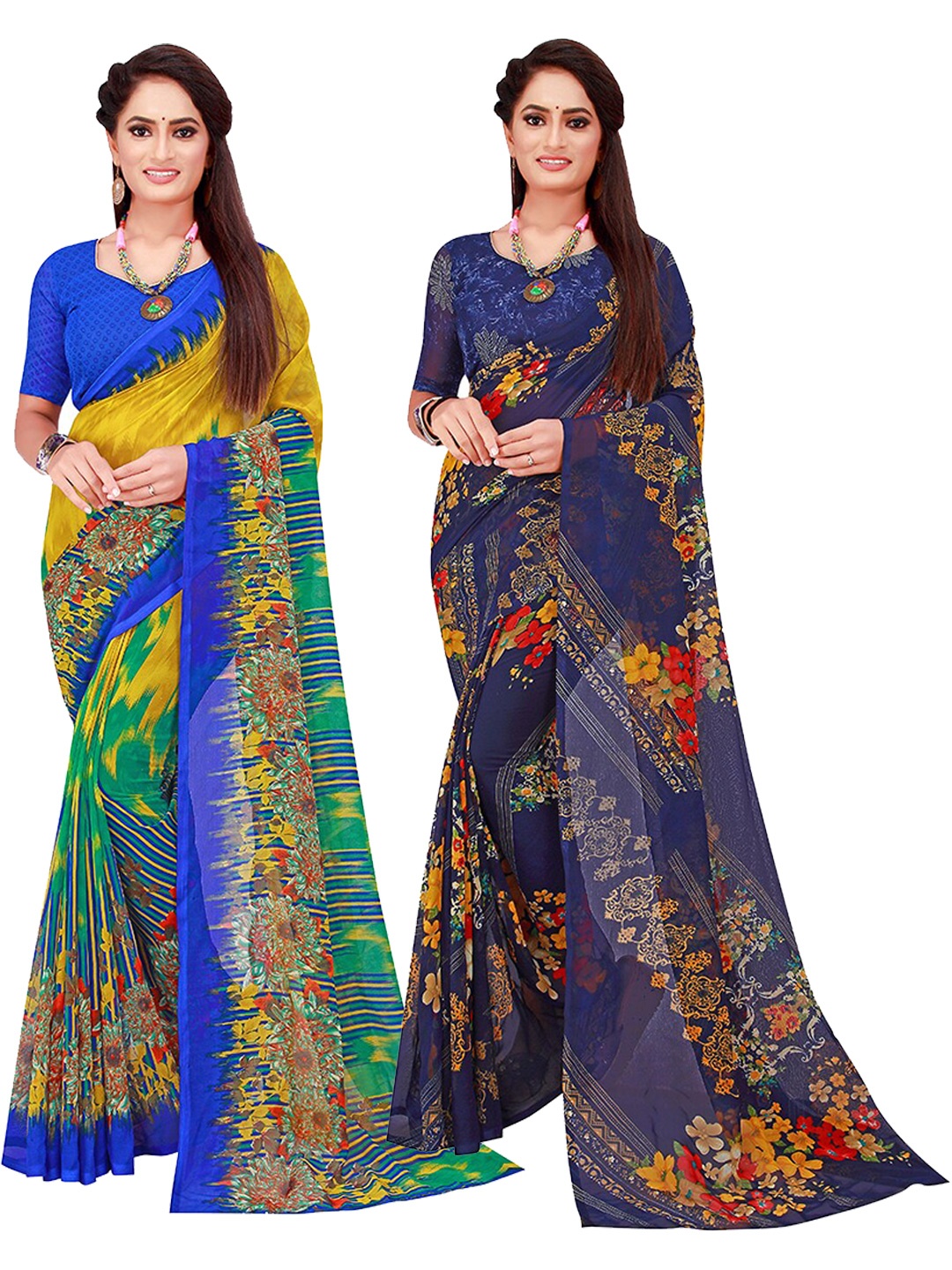 

KALINI Pack of 2 Blue & Yellow Pure Georgette Sarees