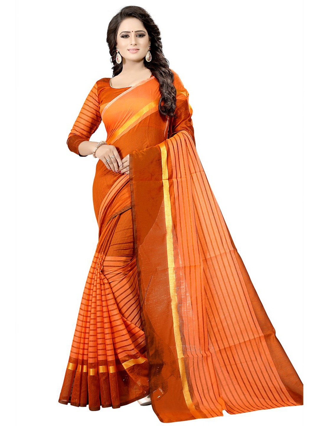 

KALINI Orange & Gold-Toned Striped Saree