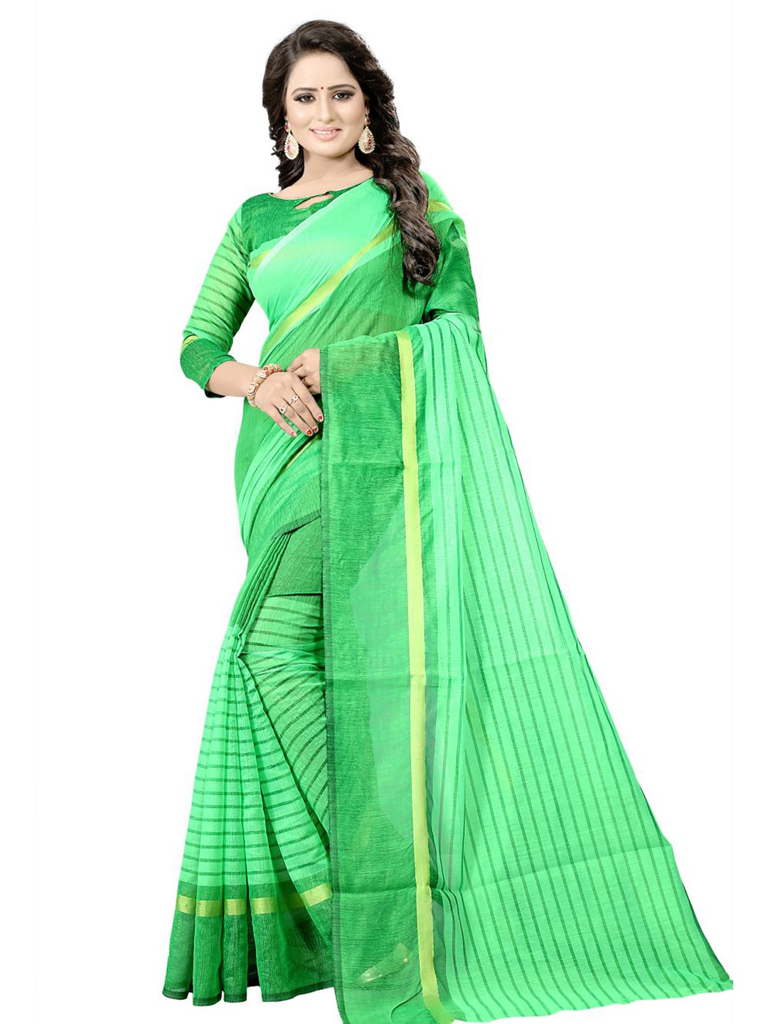 

KALINI Green & Gold-Toned Striped Zari Saree