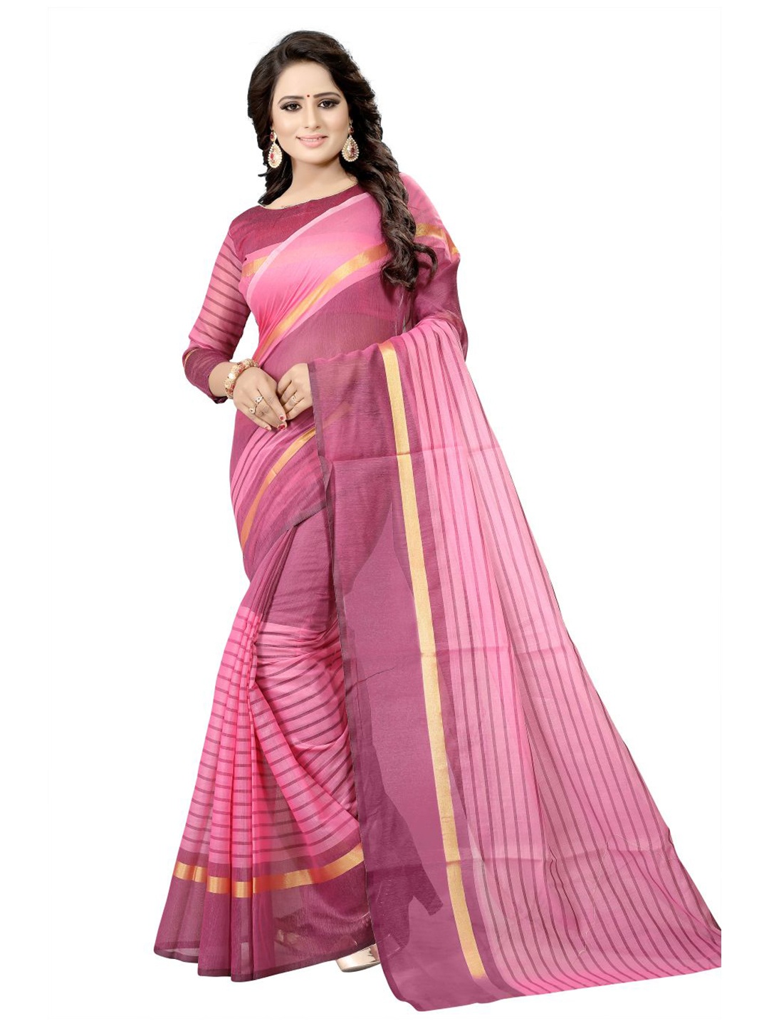 

KALINI Pink & Gold-Toned Cotton Silk Striped Saree