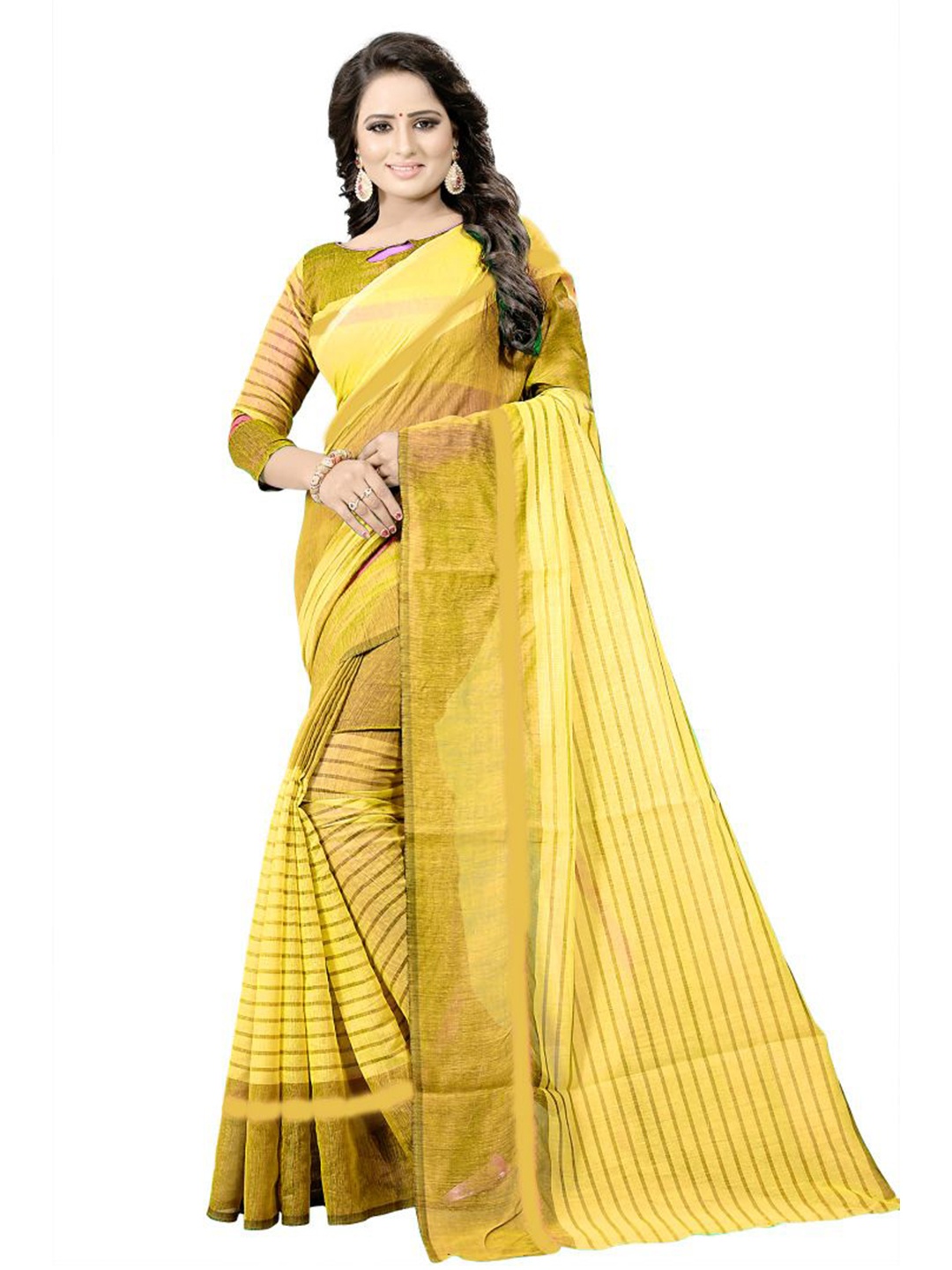 

KALINI Yellow & Gold-Toned Striped Cotton Silk Saree