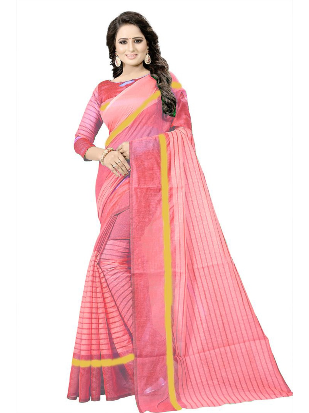 

KALINI Peach-Coloured & Golden Striped Silk Cotton Saree