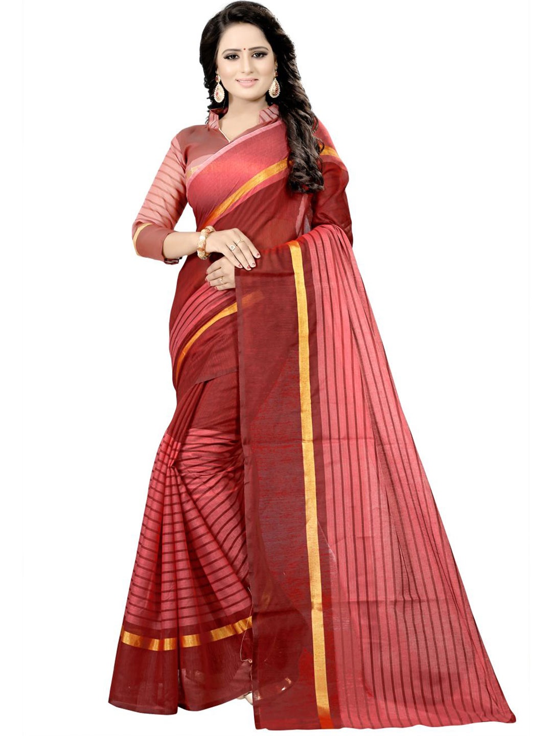 

KALINI Maroon & Gold-Toned Striped Silk Cotton Saree