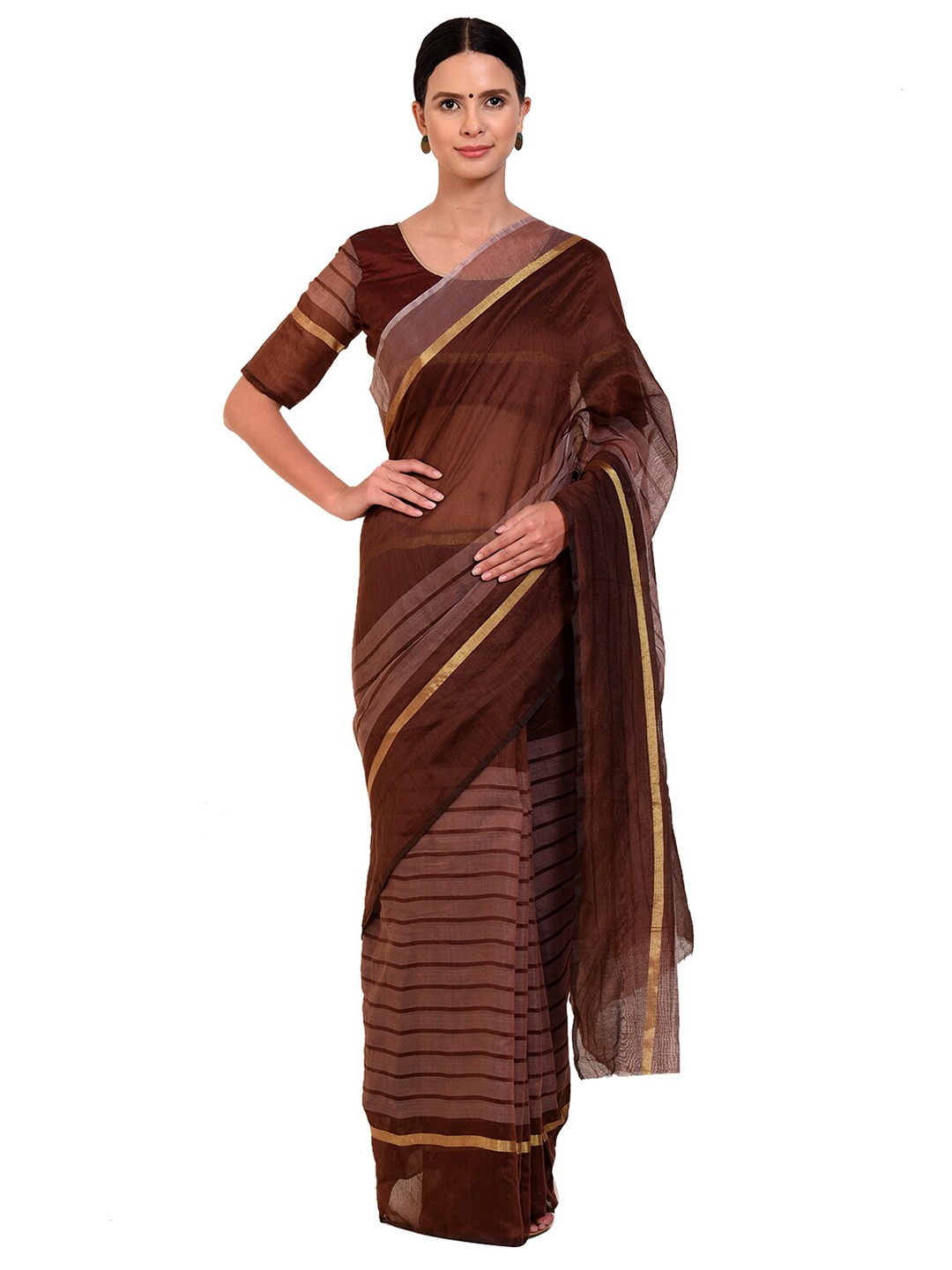 

KALINI Brown & Gold-Toned Striped Cotton Silk Saree