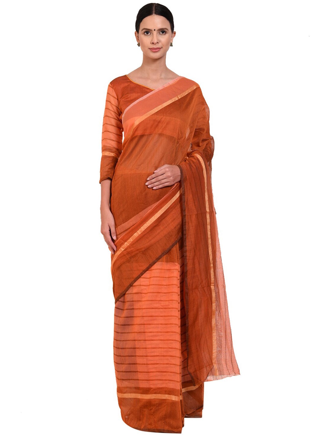 

KALINI Orange & Gold-Toned Striped Cotton Silk Saree