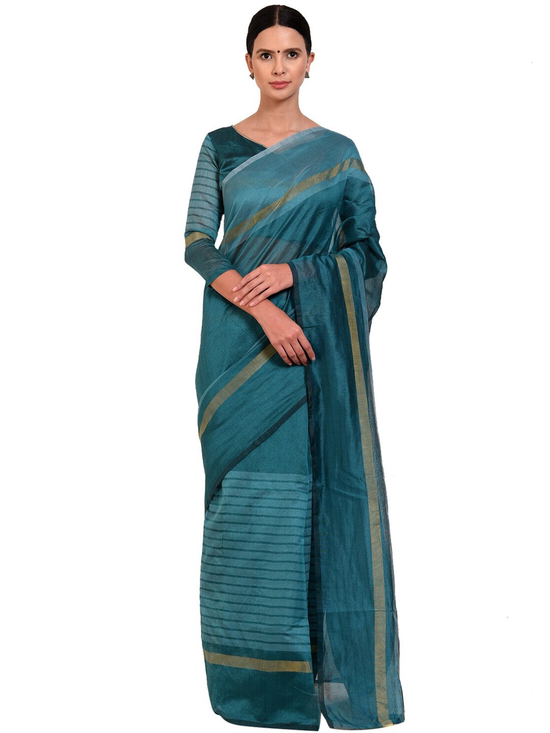 

KALINI Sea Green & Gold-Toned Striped Silk Cotton Saree