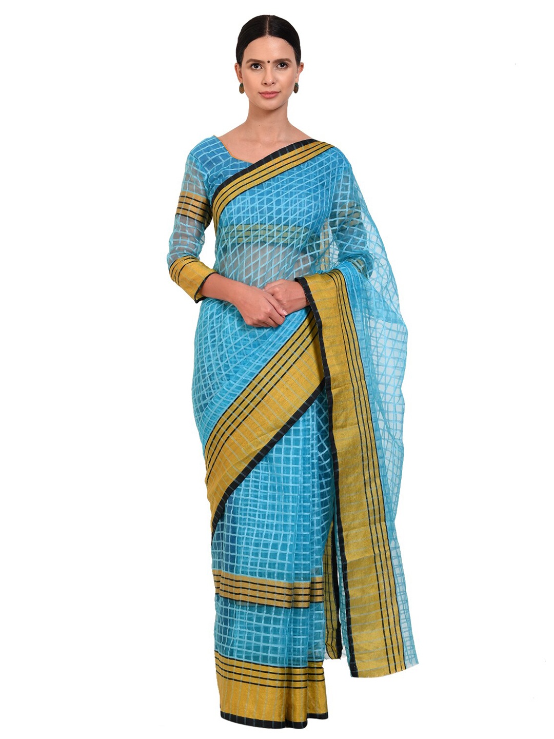 

KALINI Blue & Gold-Toned Checked Saree