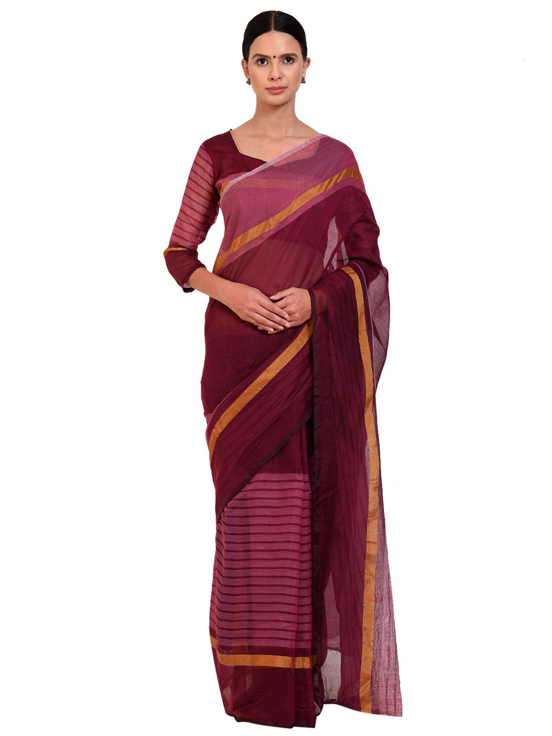 

KALINI Pink & Purple Striped Silk Cotton Saree