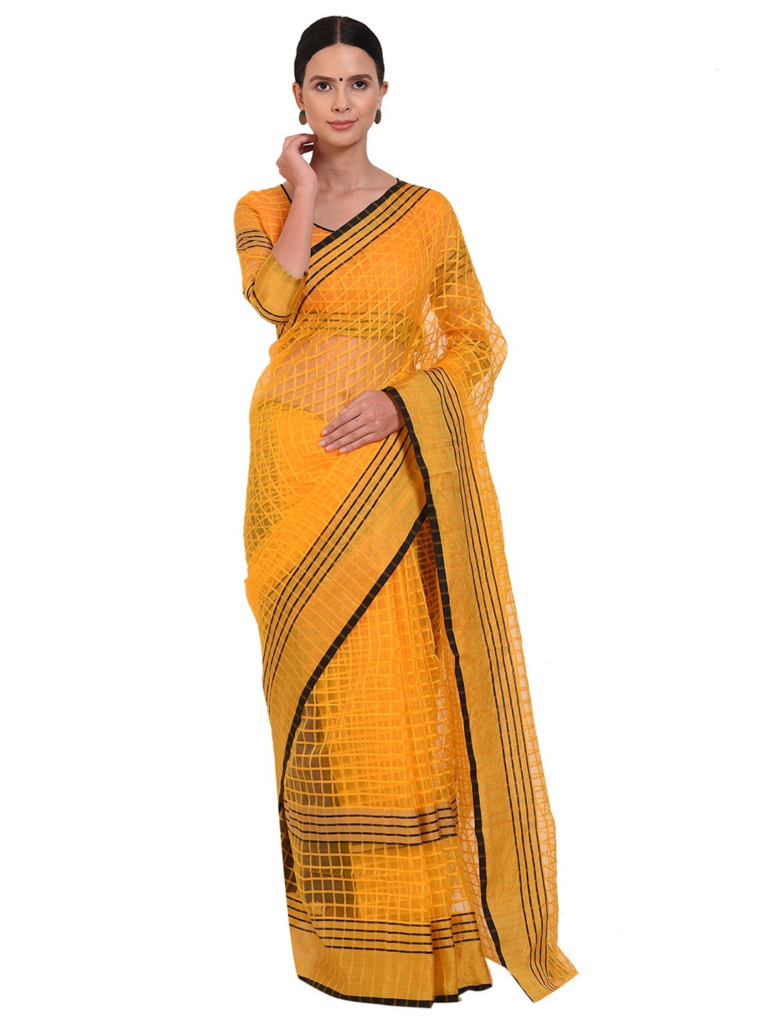 

KALINI Yellow & Black Checked Saree