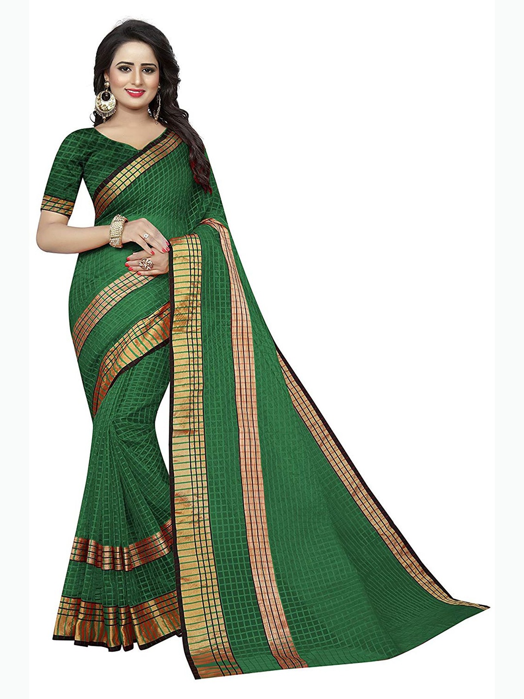 

KALINI Green & Gold-Toned Checked Zari Saree