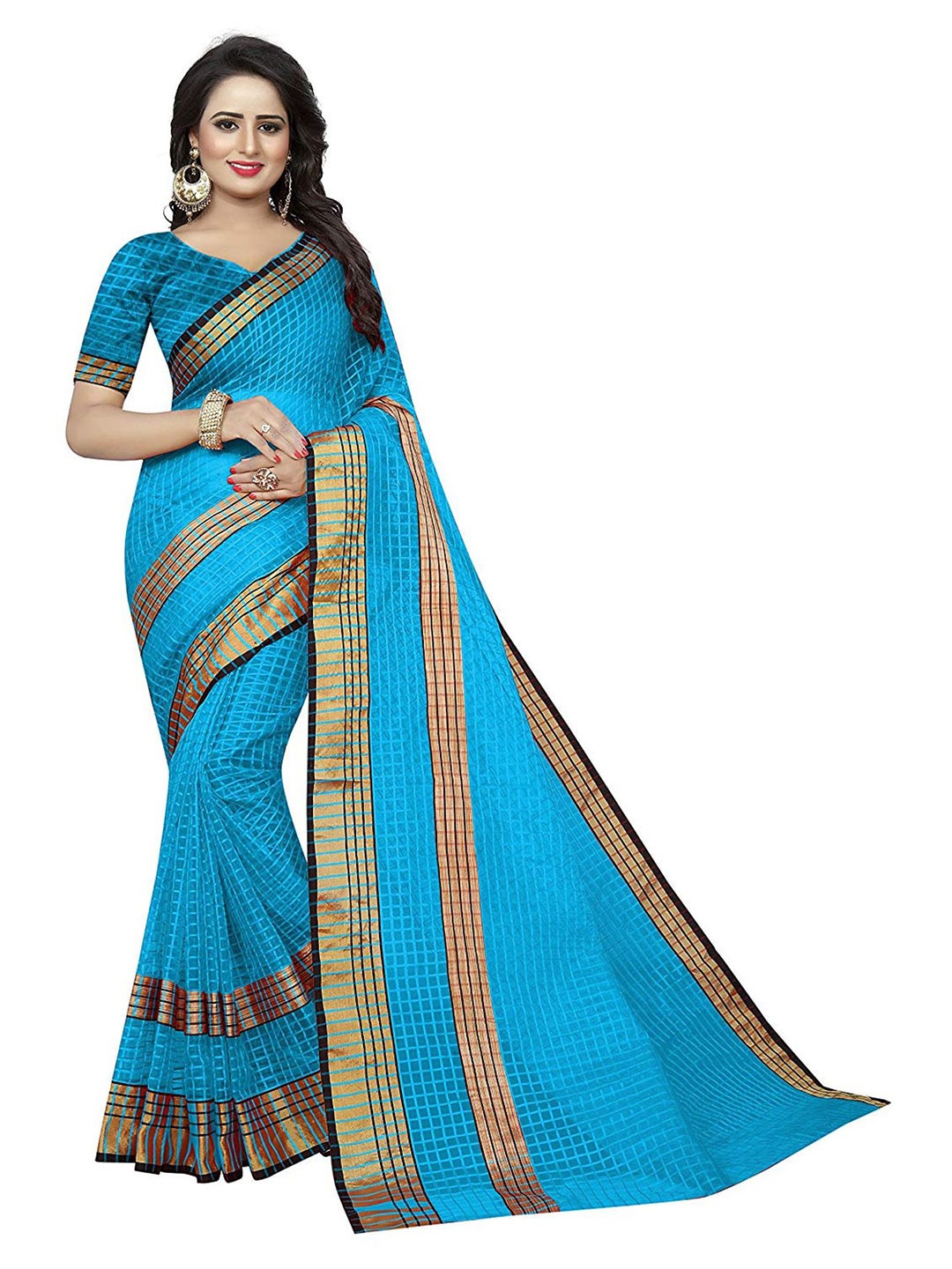 

KALINI Blue & Gold-Toned Checked Zari Saree