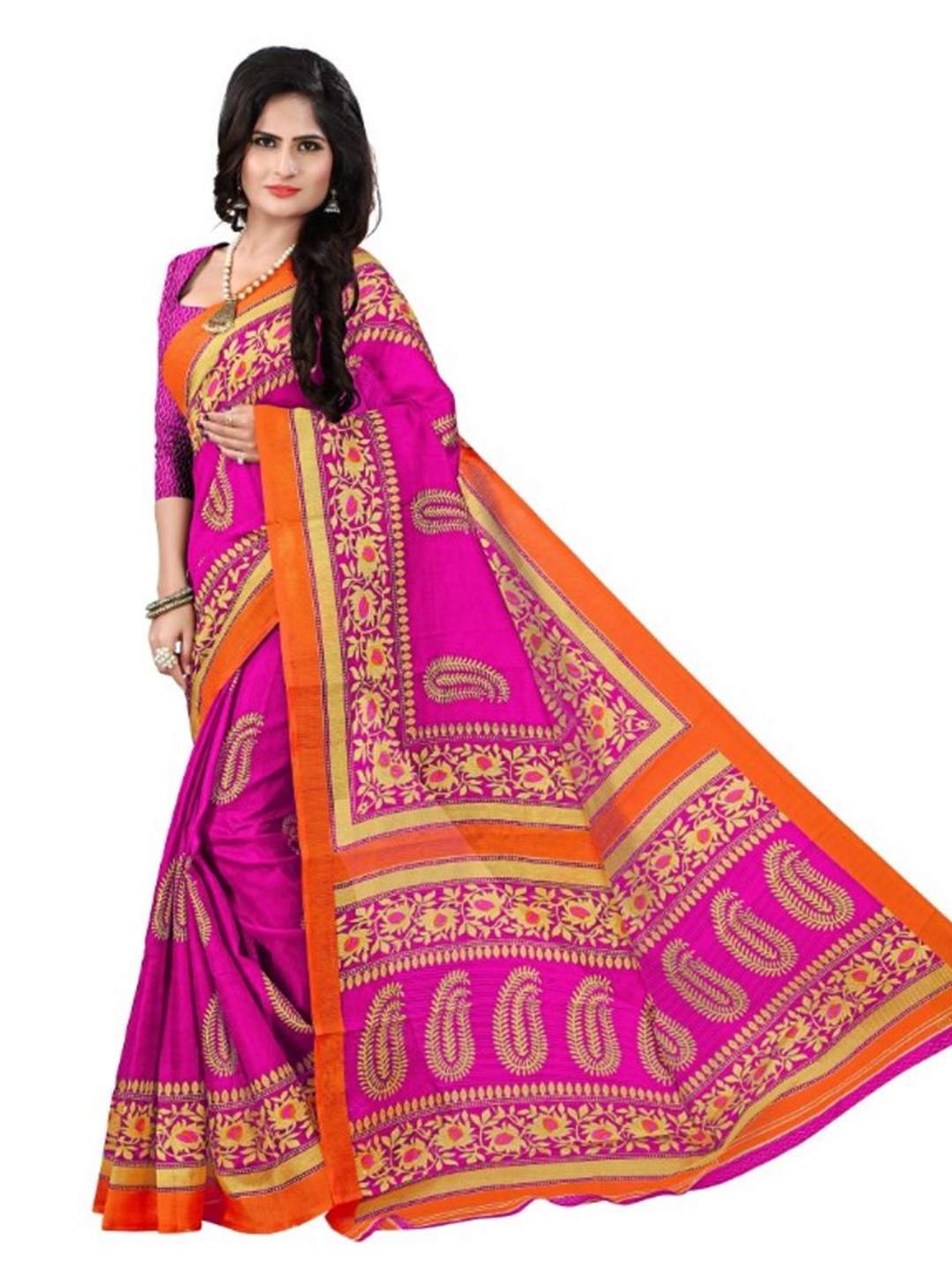 

KALINI Pink & Red Paisley Printed Art Silk Saree