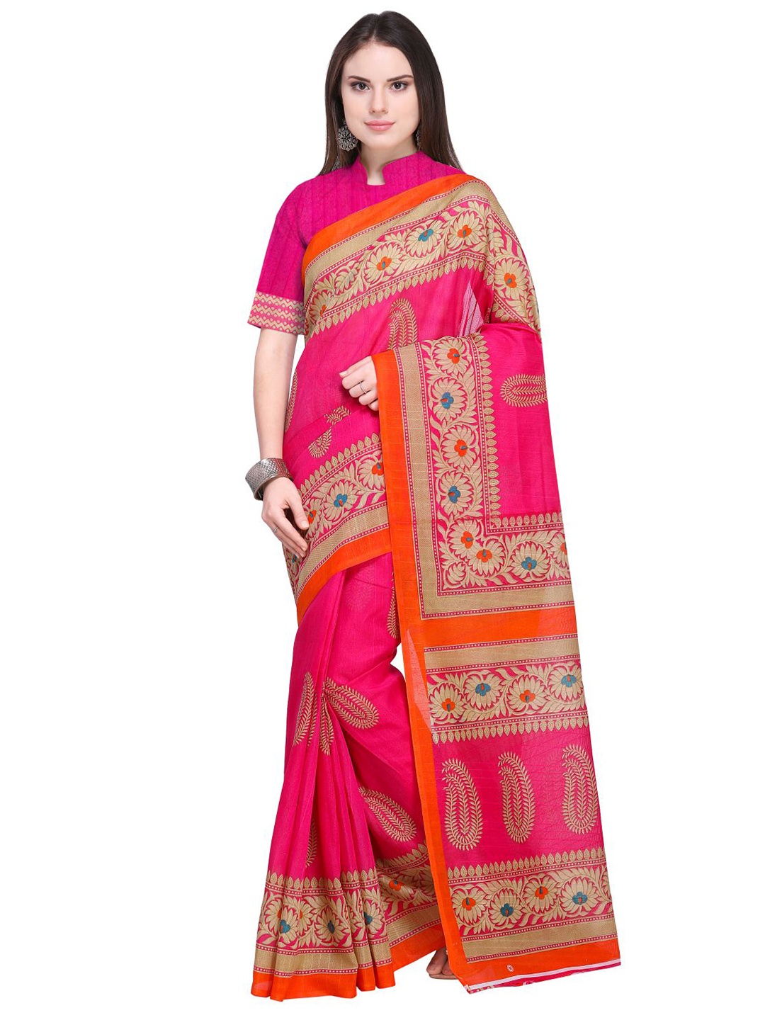 

KALINI Pink & Orange Paisley Art Silk Saree