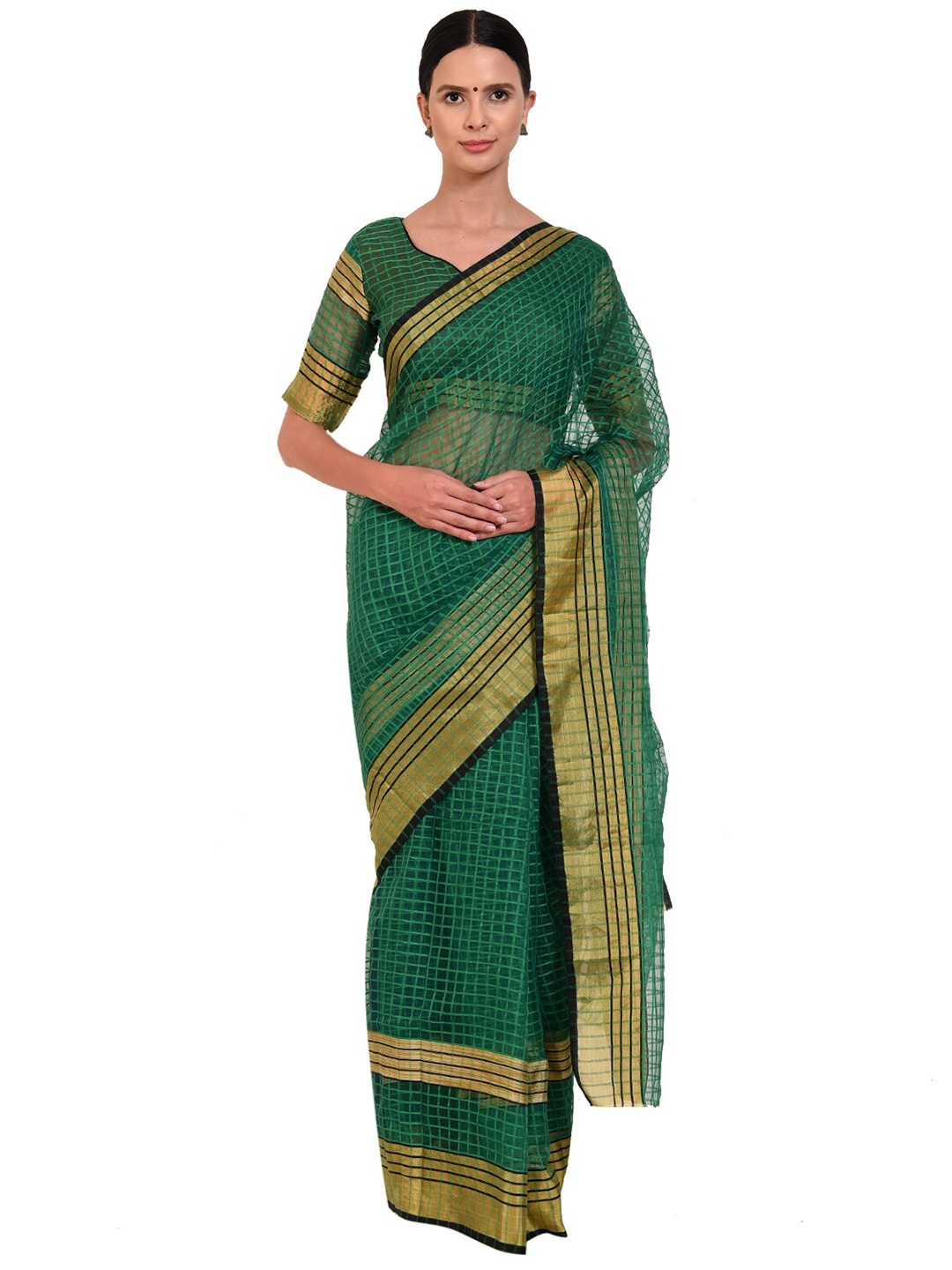 

KALINI Green & Gold-Toned Checked Cotton Silk Saree