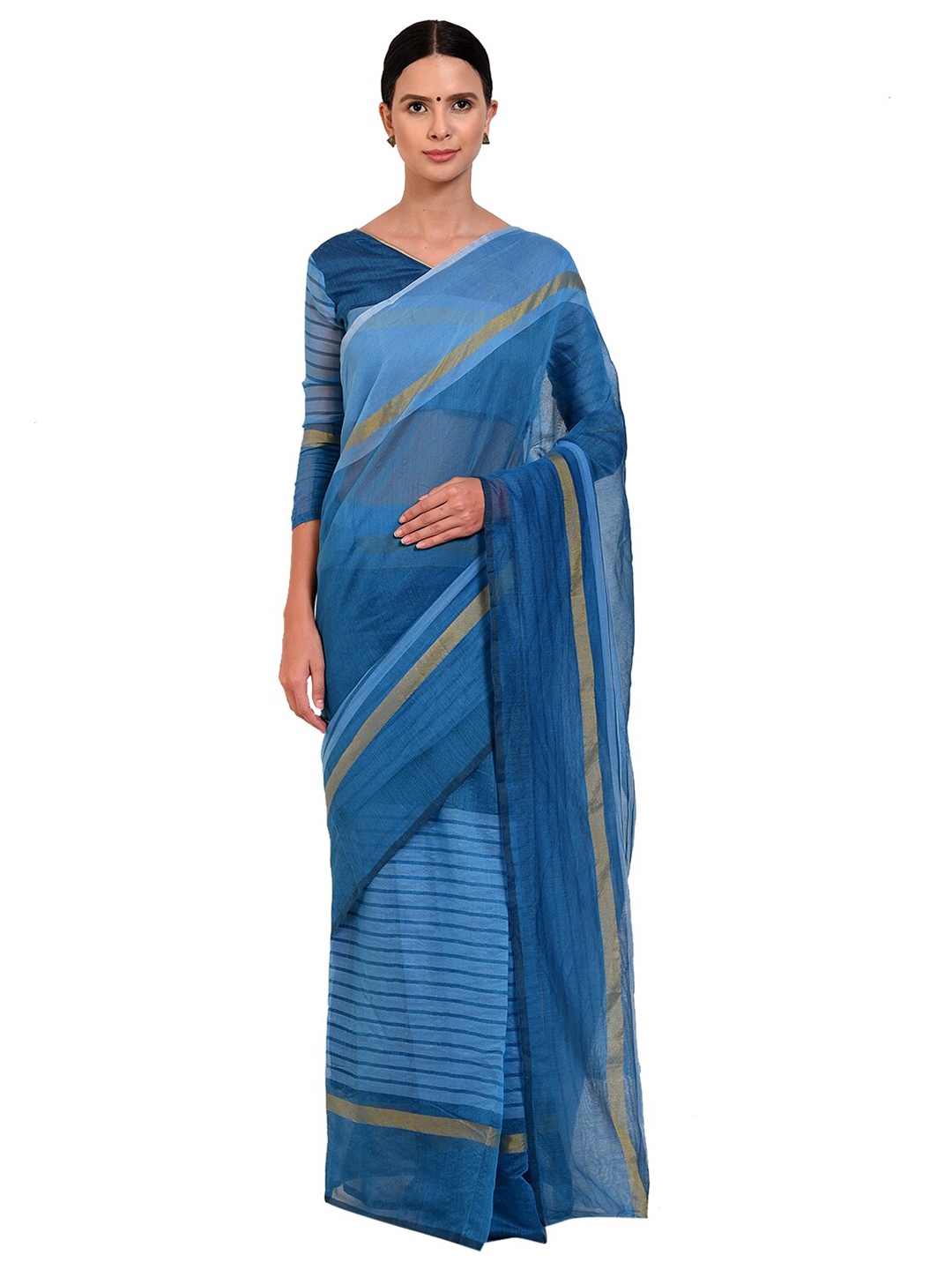 

KALINI Women Turquoise Blue Solid Zari Border Cotton Silk Sarees