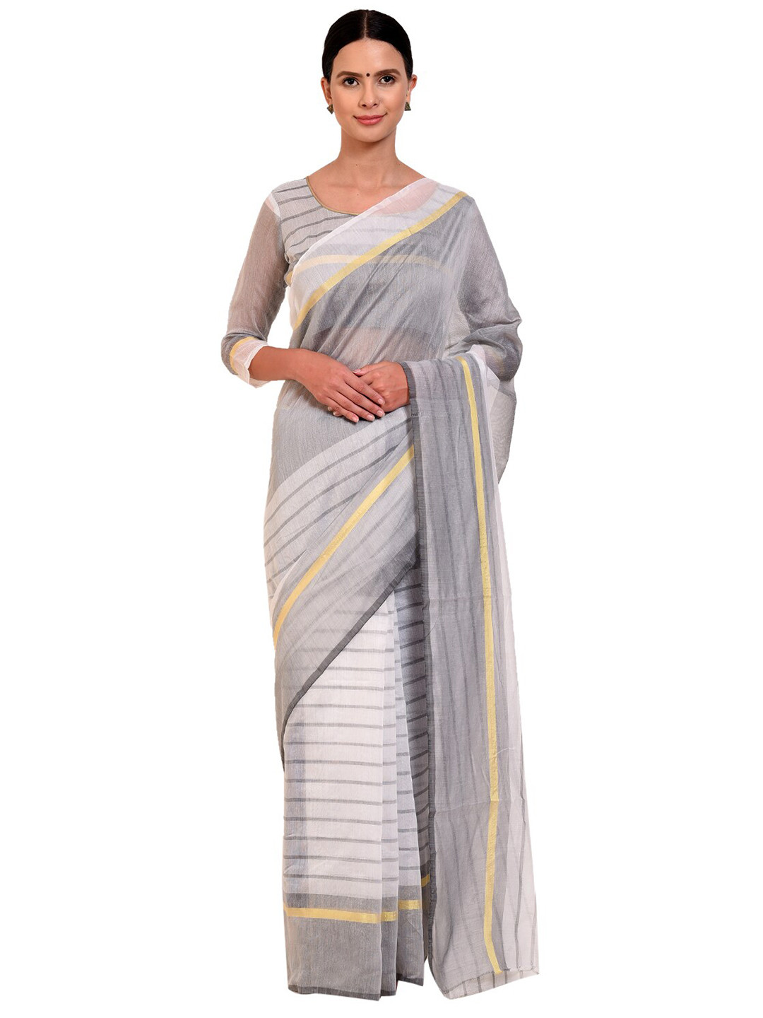 

KALINI White & Grey Striped Zari Silk Cotton Saree