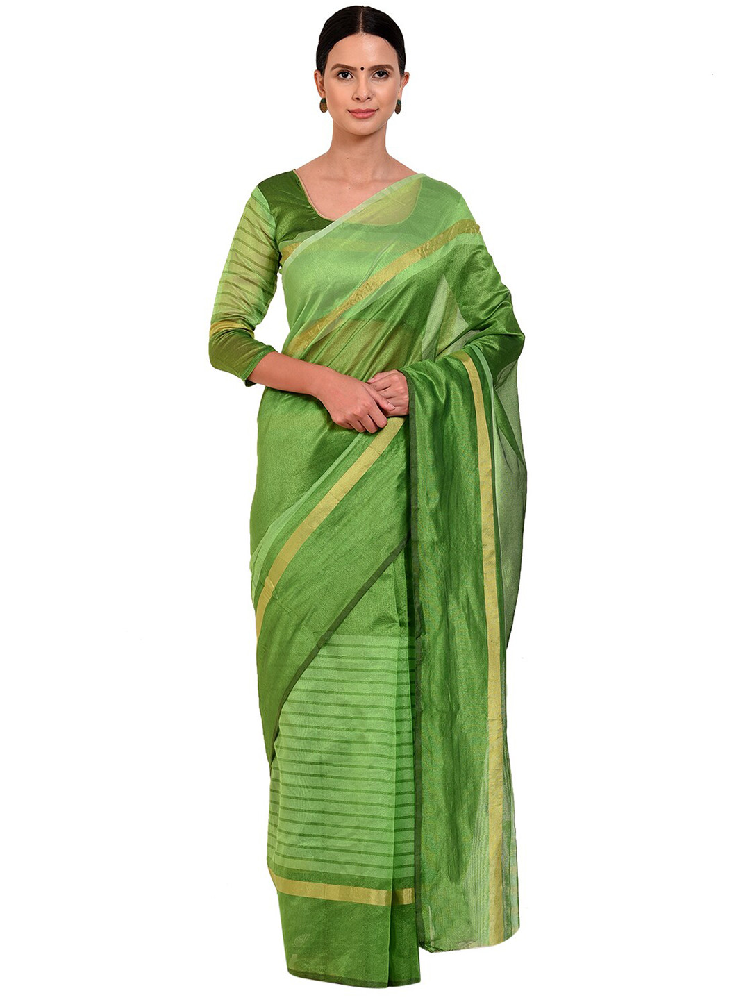 

KALINI Green & Gold-Toned Striped Saree