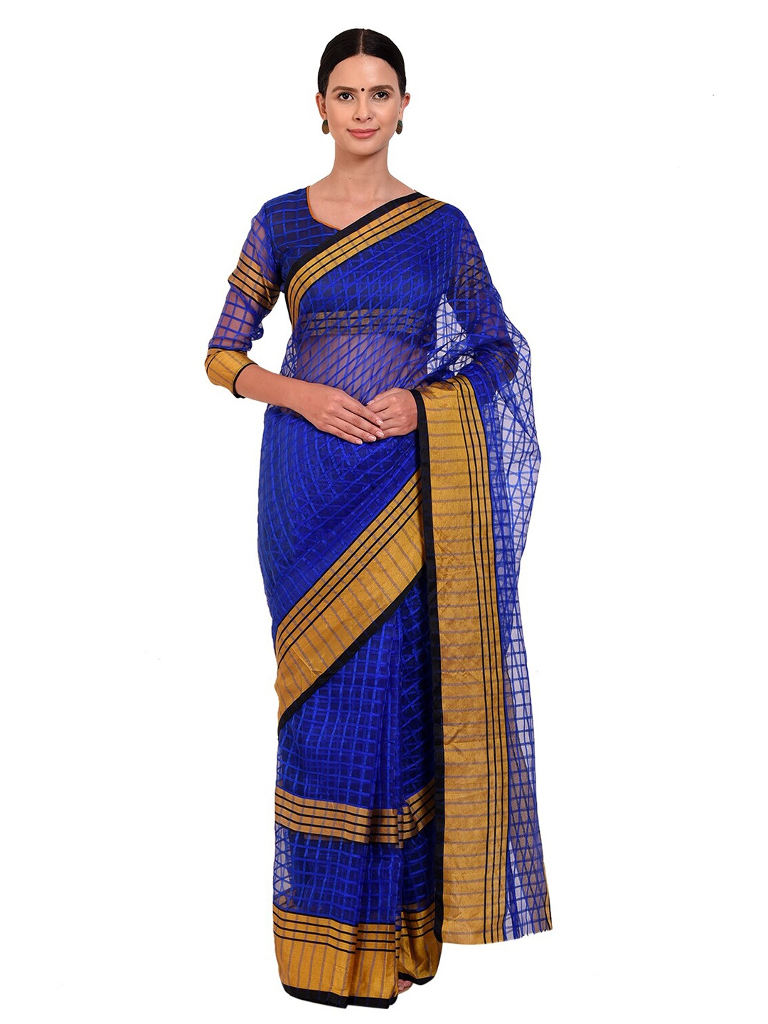 

KALINI Navy Blue & Beige Checked Zari Saree