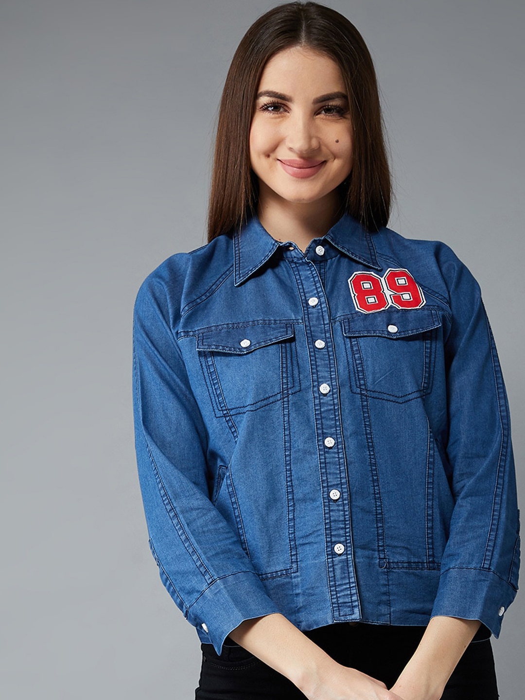 

DOLCE CRUDO Women Blue Washed Crop Denim Jacket