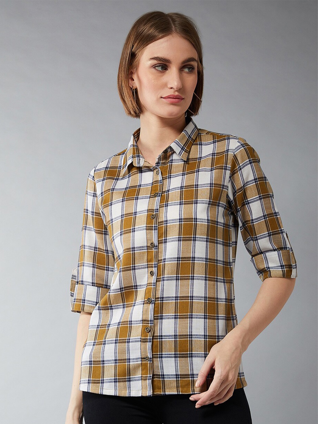 

DOLCE CRUDO Women White & Mustard Checked Regular Fit Casual Shirt