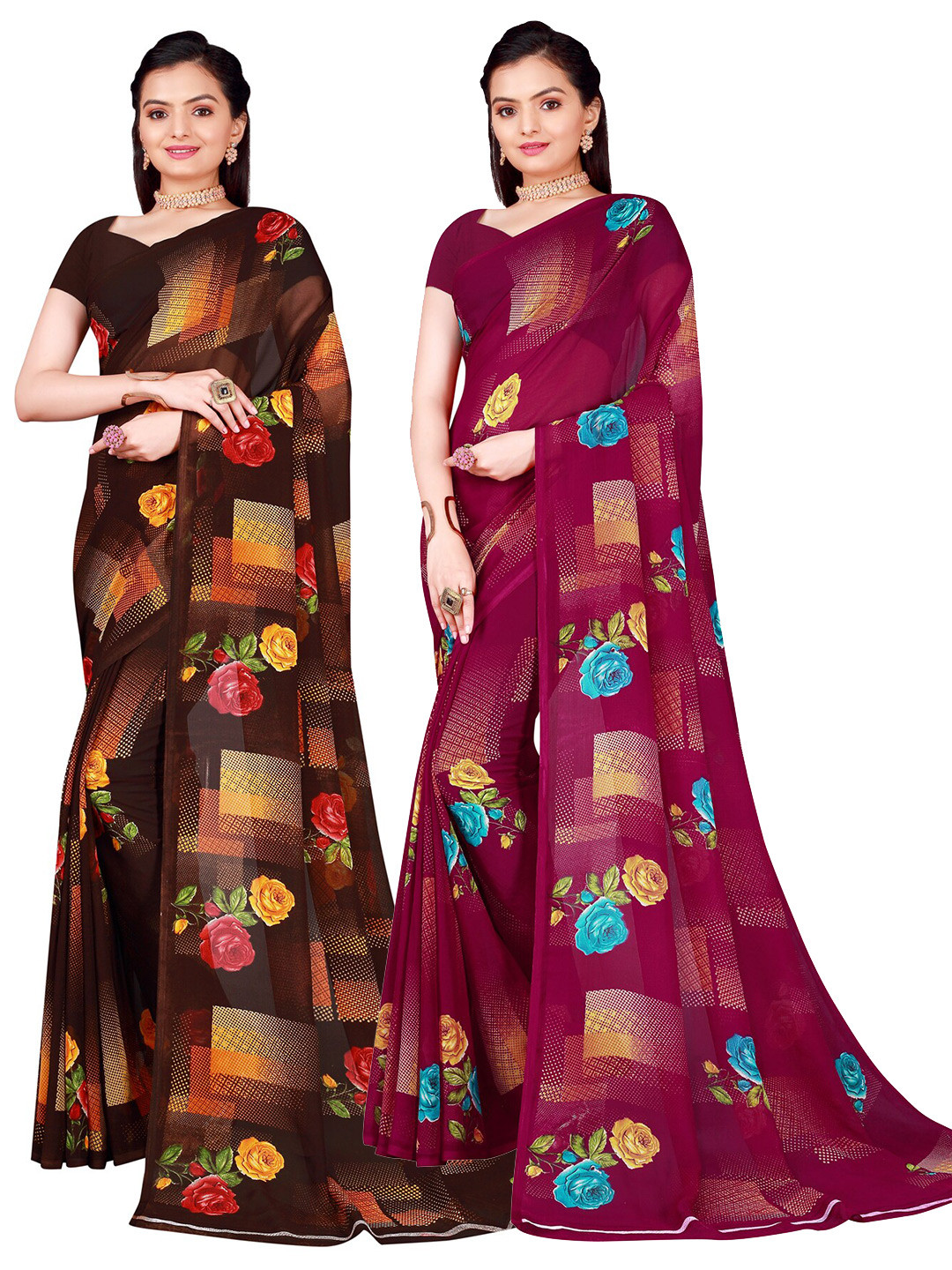 

Florence Pack of 2 Brown & Purple Pure Georgette Sarees